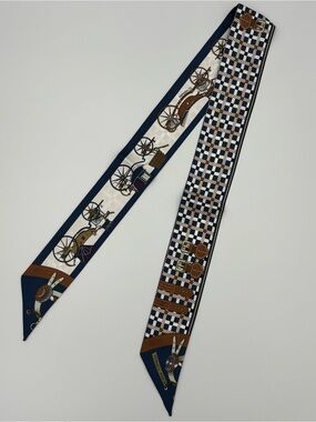 Hermes Les Voitures Nouvelles Twilly Scarf Navy White Carriage Checker